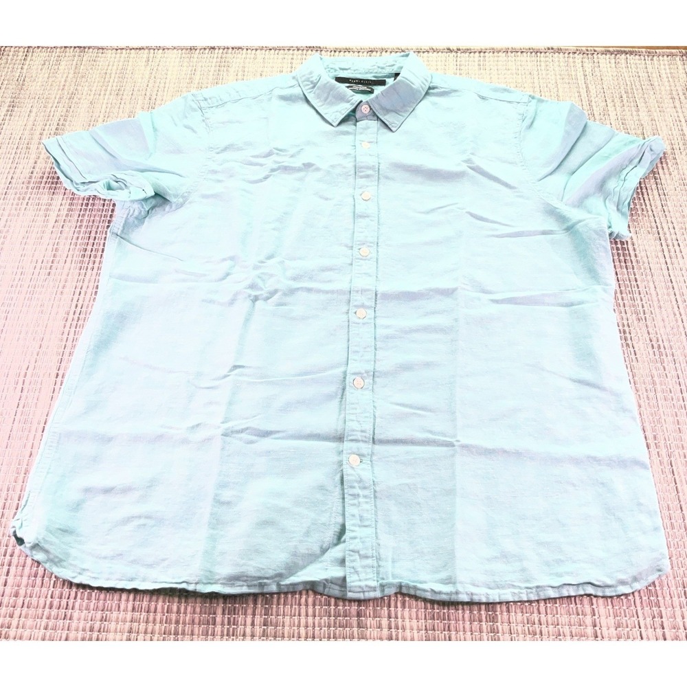 Perry Ellis Mens XL Teal Blue Linen Blend Short Sleeve Button Down Shirt